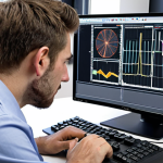 **High-tech construction lab: A civil engineer analyzing concrete compression test data on a computer with advanced software. Charts and graphs displayed on multiple monitors, showing stress-strain curves and material properties. Focus on precision and digital analysis.**