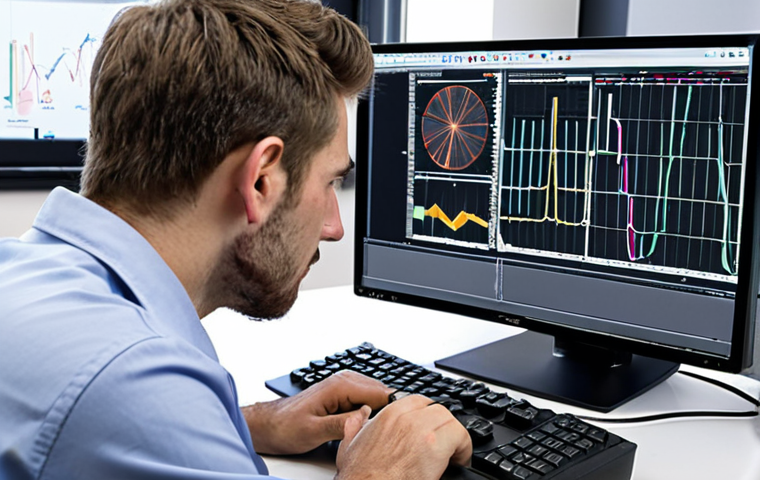 **High-tech construction lab: A civil engineer analyzing concrete compression test data on a computer with advanced software. Charts and graphs displayed on multiple monitors, showing stress-strain curves and material properties. Focus on precision and digital analysis.**