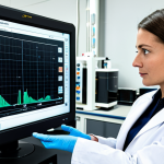 A highly skilled female civil engineer, in her late 30s, wearing a professional lab coat over modest business attire, meticulously conducting a material compression test in a state-of-the-art laboratory. She is focused on a screen displaying real-time data and a physical sample under a testing machine. The background features advanced laboratory equipment, digital displays, and other test samples. The scene emphasizes precision and technological integration in material science. professional photography, high detail, perfect anatomy, correct proportions, natural pose, well-formed hands, proper finger count, natural body proportions, safe for work, appropriate content, fully clothed, professional dress.