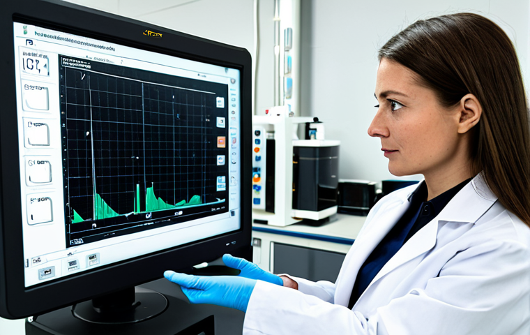 A highly skilled female civil engineer, in her late 30s, wearing a professional lab coat over modest business attire, meticulously conducting a material compression test in a state-of-the-art laboratory. She is focused on a screen displaying real-time data and a physical sample under a testing machine. The background features advanced laboratory equipment, digital displays, and other test samples. The scene emphasizes precision and technological integration in material science. professional photography, high detail, perfect anatomy, correct proportions, natural pose, well-formed hands, proper finger count, natural body proportions, safe for work, appropriate content, fully clothed, professional dress.