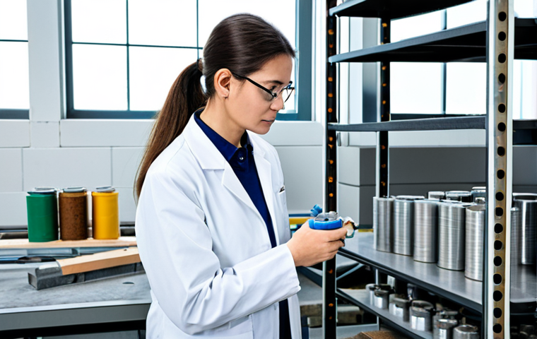 A professional materials engineer, fully clothed in a modest lab coat over appropriate professional attire, stands attentively in a pristine, brightly lit construction materials laboratory. The engineer is observing a concrete cylinder undergoing a compression test on a sophisticated testing machine. In the background, shelves hold various material samples like steel rebar sections, aggregate samples in containers, and advanced monitoring equipment, emphasizing quality control and innovation. The scene is well-lit with natural light from large windows. Perfect anatomy, correct proportions, natural pose, well-formed hands, proper finger count. Professional photography, high quality, safe for work, appropriate content, family-friendly.
