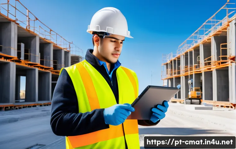 건설재료시험기사와 해외 취업 가능성 - A professional engineer in a modern construction site in Latin America, wearing safety gear and a br...