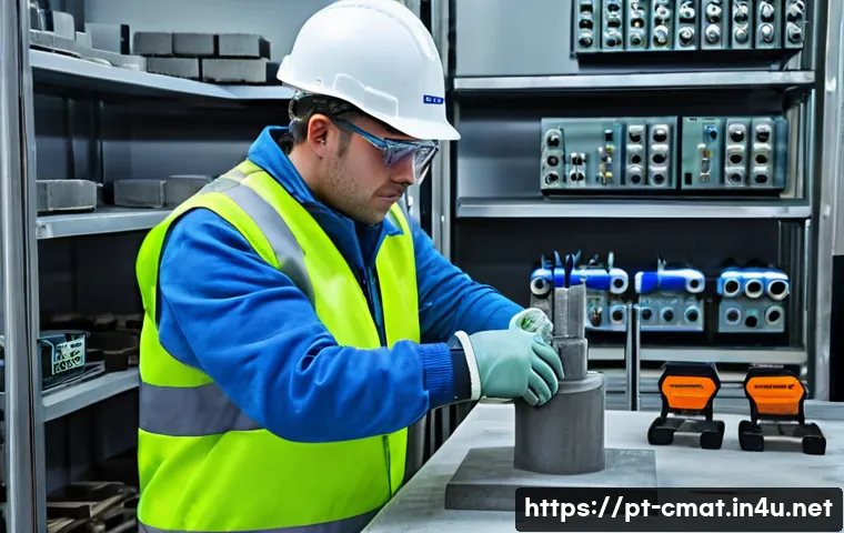 건설재료시험 기술자의 성공적인 경력 설계 - A professional construction materials testing technician wearing safety gear including a hard hat, s...