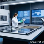 건설재료시험 기술자의 대체 자재 연구 사례 - A modern sustainable construction laboratory scene showing engineers and technicians testing alterna...