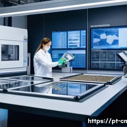 건설재료시험 기술자의 대체 자재 연구 사례 - A modern sustainable construction laboratory scene showing engineers and technicians testing alterna...