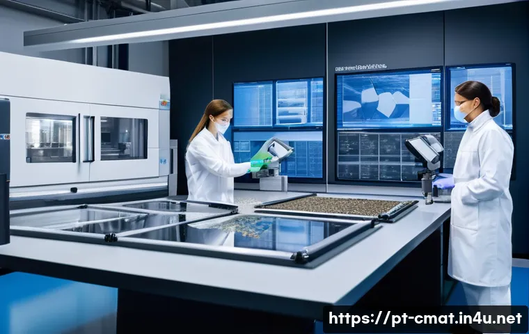 건설재료시험 기술자의 대체 자재 연구 사례 - A modern sustainable construction laboratory scene showing engineers and technicians testing alterna...