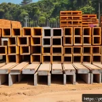 건설재료시험 현장에서의 안전 관리 - A well-organized construction site scene showing neatly stacked building materials such as bricks, s...
