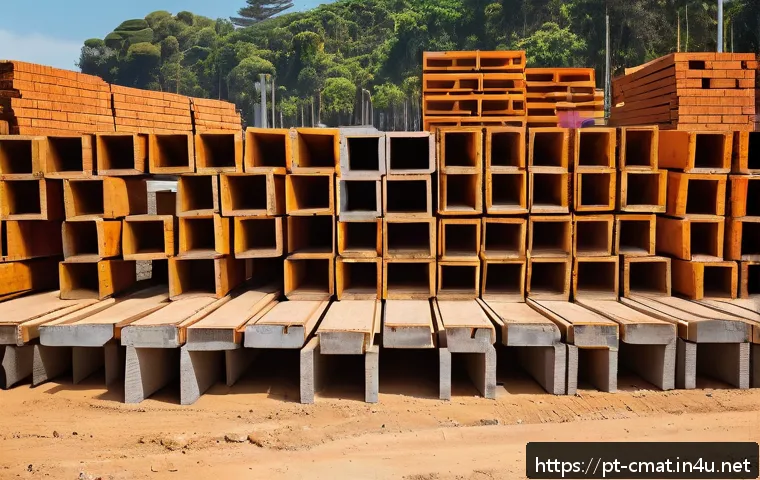 건설재료시험 현장에서의 안전 관리 - A well-organized construction site scene showing neatly stacked building materials such as bricks, s...